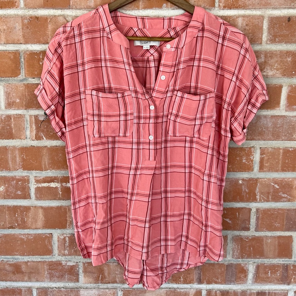 XS LOFT Pink Plaid Button-Down Shirt